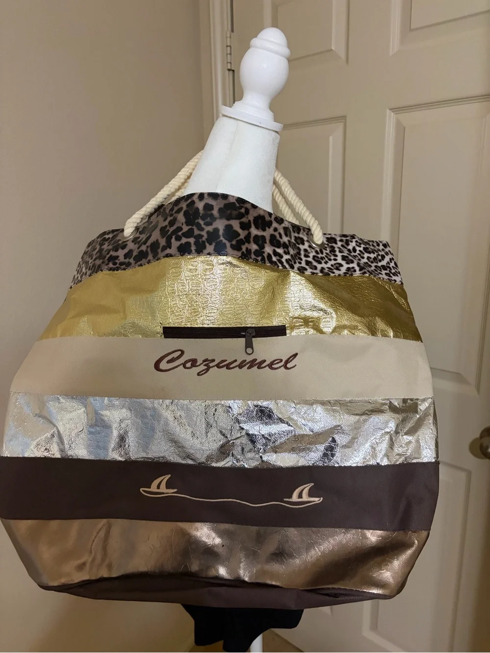 Cozumel Metallic & Leopard Stripe Tote Bag in Brown and Gold